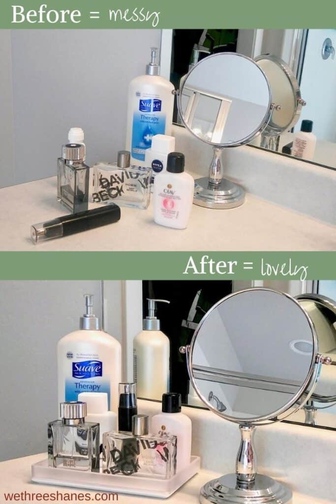 Before and After of contained clutter. All the personal care items look messy sitting out on the bathroom counter but once they are set on the tray they look cleaned up and organized. It's a simple declutter trick that makes a huge difference. | We Three Shanes 