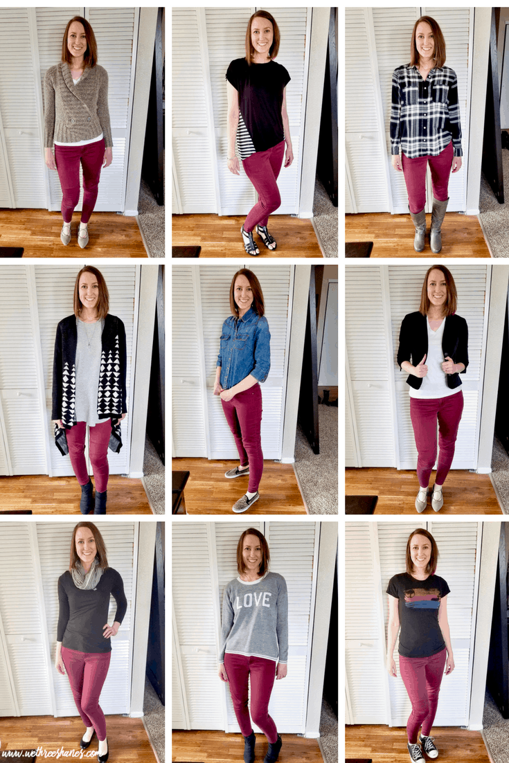 9 photo grid of a middle age, caucasian woman wearing maroon skinny jeans with 9 different tops. Showing how many outfits you can get from a small wardrobe.