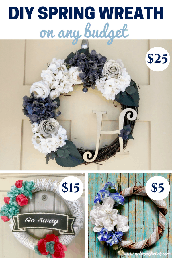 Wreaths are a great way to add some color & beauty to your front door, but they can get expensive! A quick & easy project, these frugal DIY Spring Wreaths can be made on any budget. We've got step by step tutorials and shopping guides for a $5, $15, or $25 wreath. Get creative & make the one that's right for you! | WeThree Shanes