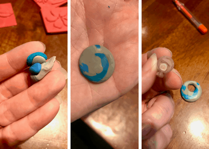 Three photos in a row showing how to mix two colors of clay to get a marble pendent look.