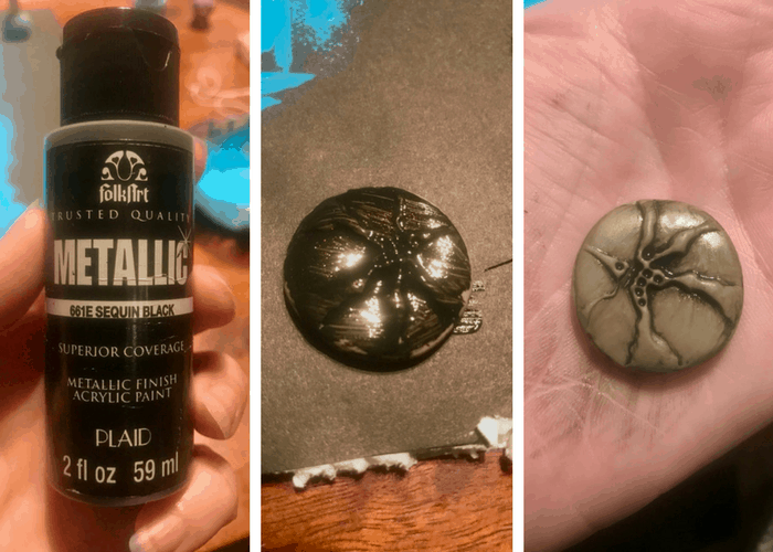 Three photos in a row. Left is a photo of metallic black acrylic paint. Middle photo is the dry clay pendent painted black. On the right, the paint has been wiped off the pendent leaving a small amount of black paint around the etched in pattern to make it pop more.