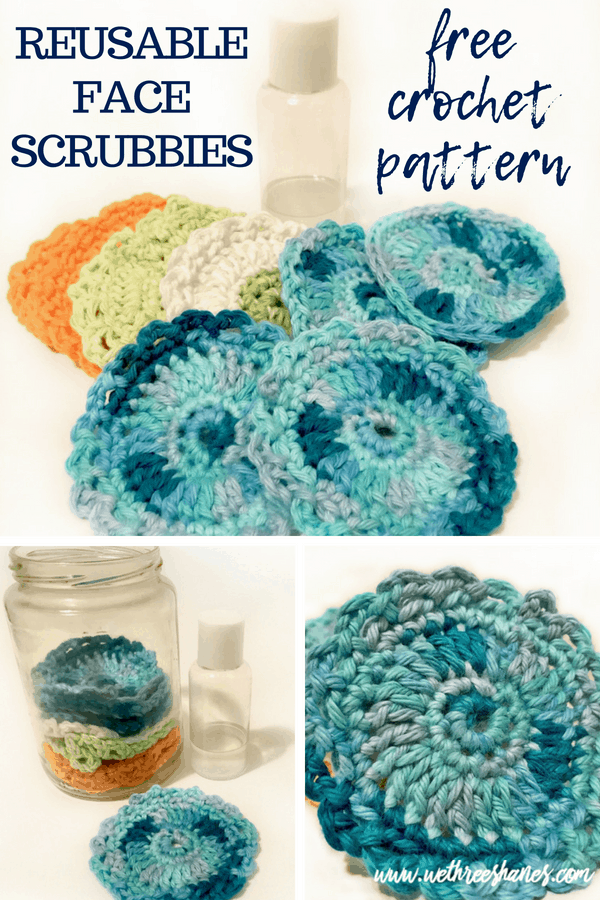 Reusable Face Scrubbies are the perfect cotton ball replacer. These eco friendly face pads effectively remove makeup and are great for applying astringent. Save money by washing them again and again. Facial Scrubbies are easy to make so grab your FREE crochet pattern and have them finished in under 30 minutes. | We Three Shanes