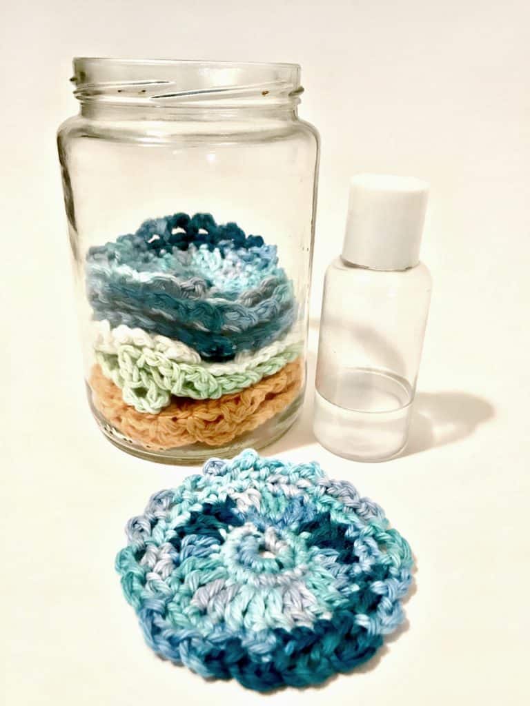 Reusable Face Scrubbies are the perfect cotton ball replacer. These eco friendly face pads effectively remove makeup and are great for applying astringent. Save money by washing them again and again. Facial Scrubbies are easy to make so grab your FREE crochet pattern and have them finished in under 30 minutes. | We Three Shanes