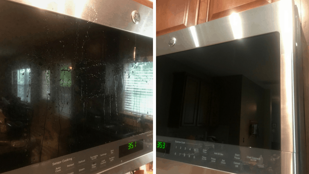 Side by side views of a dirty microwave front with handmade stainless steel cleaner on it and a very clean and shiny microwave after cleaning.