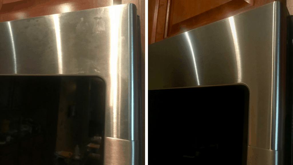 side by side before and after of the corner of a stainless steel appliance. One with tons of smudges and the other nice and shiny after being cleaned.