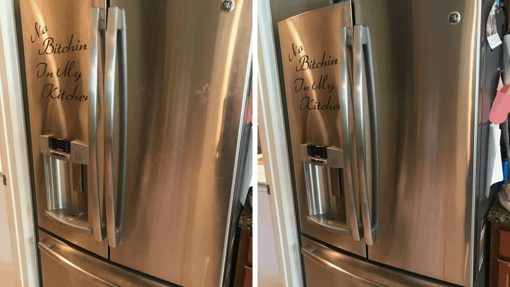 side by side of a stainless steel fridge. The first photo is the before with smudges and finger prints all over. The other is the after of a clean, shiny fridge.