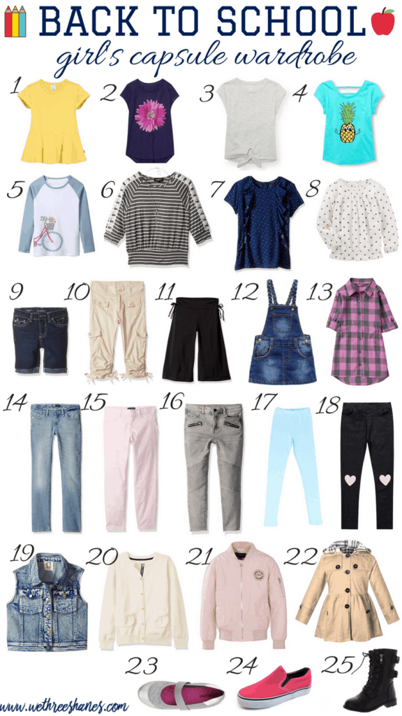 Back to School is the perfect time to create a Capsule Wardrobe for the kiddos in your life. Simplify your year with this Back to School Capsule Wardrobe for girls that uses only 25 clothing items to create over 100 stylish outfits. | We Three Shanes