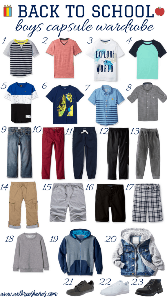 Simplify school mornings by creating a Back to School Capsule Wardrobe for Boys. Build over 60 outfits with 17 clothing items, saving you time and money.  | We Three Shanes