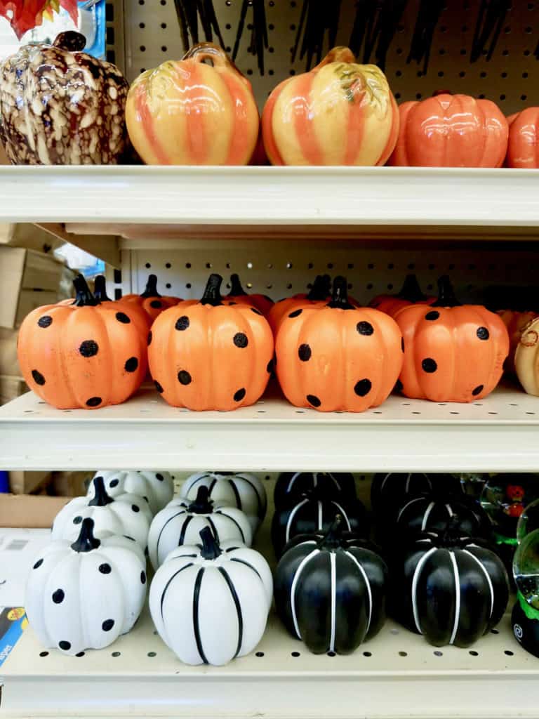 Dollar Tree pumpkin decor - polk-a-dot pumpkins, stripe pumpkins, black and white pumpkins and more. 