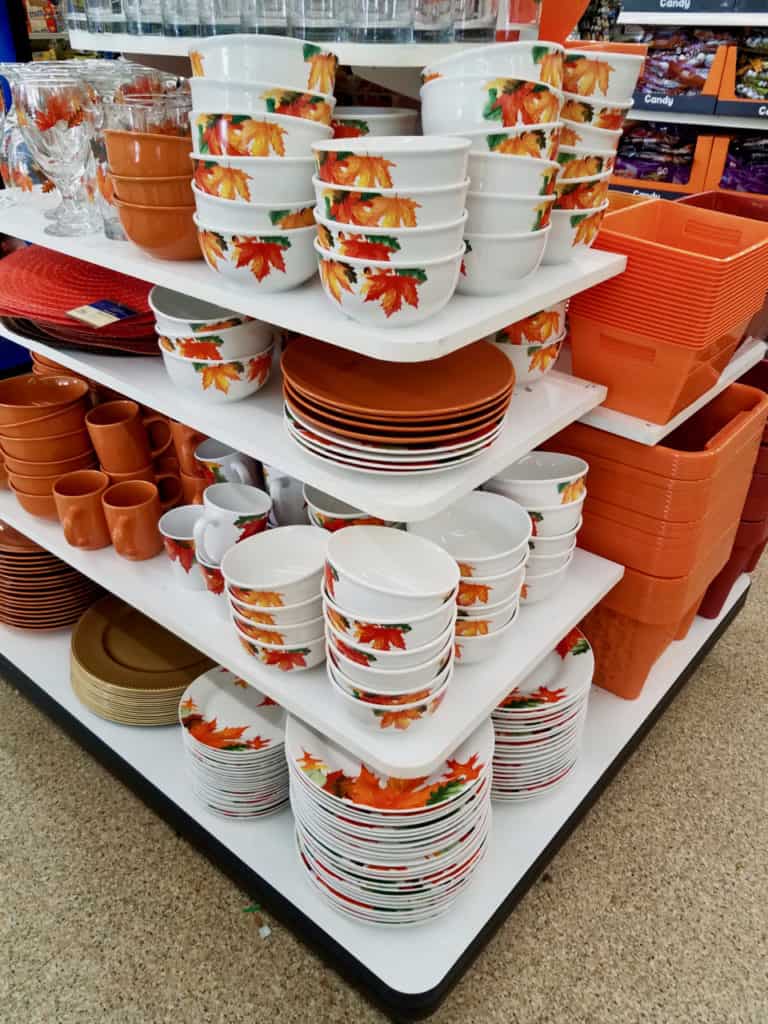 Fall style dishes at the dollar store, pumpkin orange colors and fall leaf patterns.