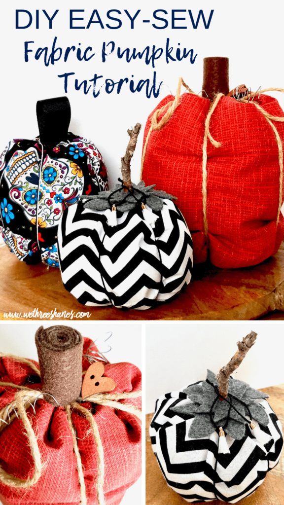 Ditch the store bought fabric pumpkins and make your own unique ones with this DIY Easy-Sew Fabric Pumpkin Tutorial. Just follow the simple steps and photos and soon you'll have your own perfect budget-friendly, Fall and Halloween decor. | We Three Shanes