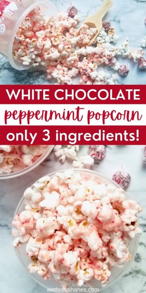 This is by far the easiest White Chocolate Peppermint Popcorn recipe. 3 ingredients and 5 minutes is all you need for the perfect Christmas movie night treat. | We Three Shanes