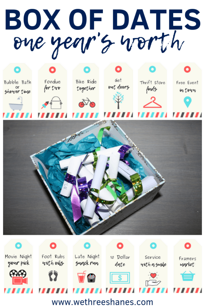 This Printable Date Night Coupons Gift Box is a super simple DIY with a BIG impact. A creative date each month brings you and your love together all year. It really is a gift that keeps on giving!  | We Three Shanes