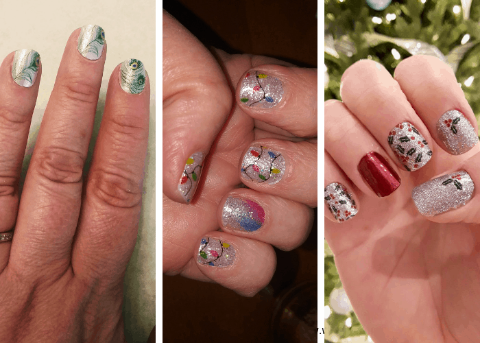 3 photos of three hands showing off cute Color street nail strips. The first is a white nail with peacock feather overlay. The middle set is a silver glitter with Christmas string lights overlay. The third is silver glitter with holly overlay and a dark red accent nail.