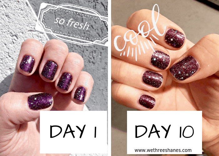Two side-by-side photos of the same nails wearing  deep purple and glitter nail polish strips. The first photo shows day 1 of the nails freshly done. The second photo shows the same nails on day 10 still looking great.