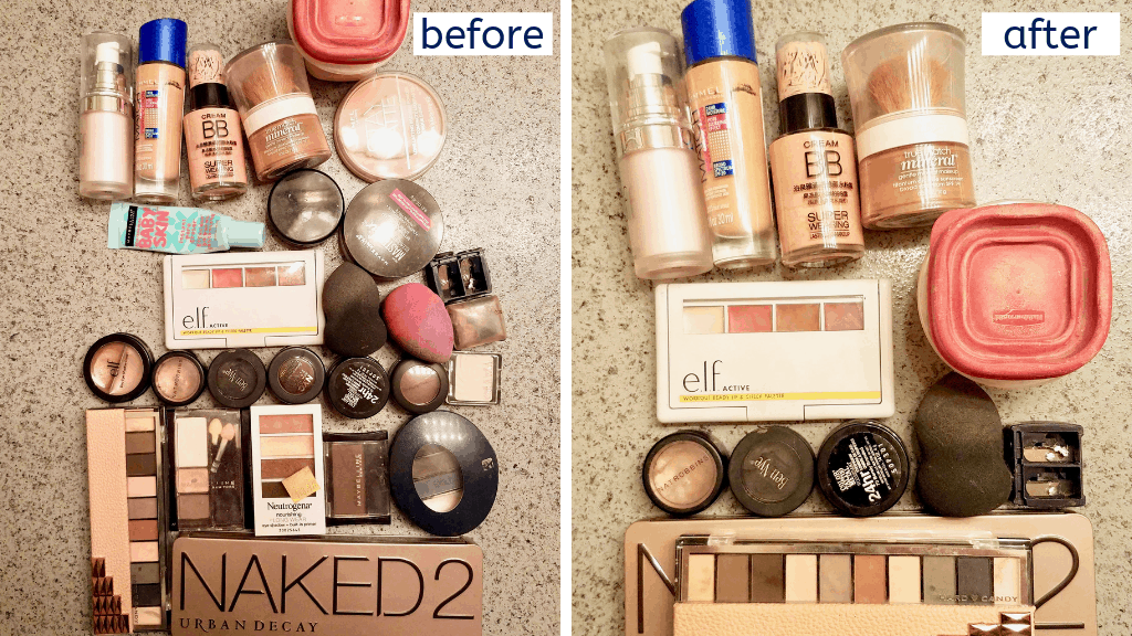 Learn how to downsize your makeup collection to just the essential with this easy to follow, step by step guide and helpful photos. Minimize makeup for a better beauty routine. | We Three Shanes