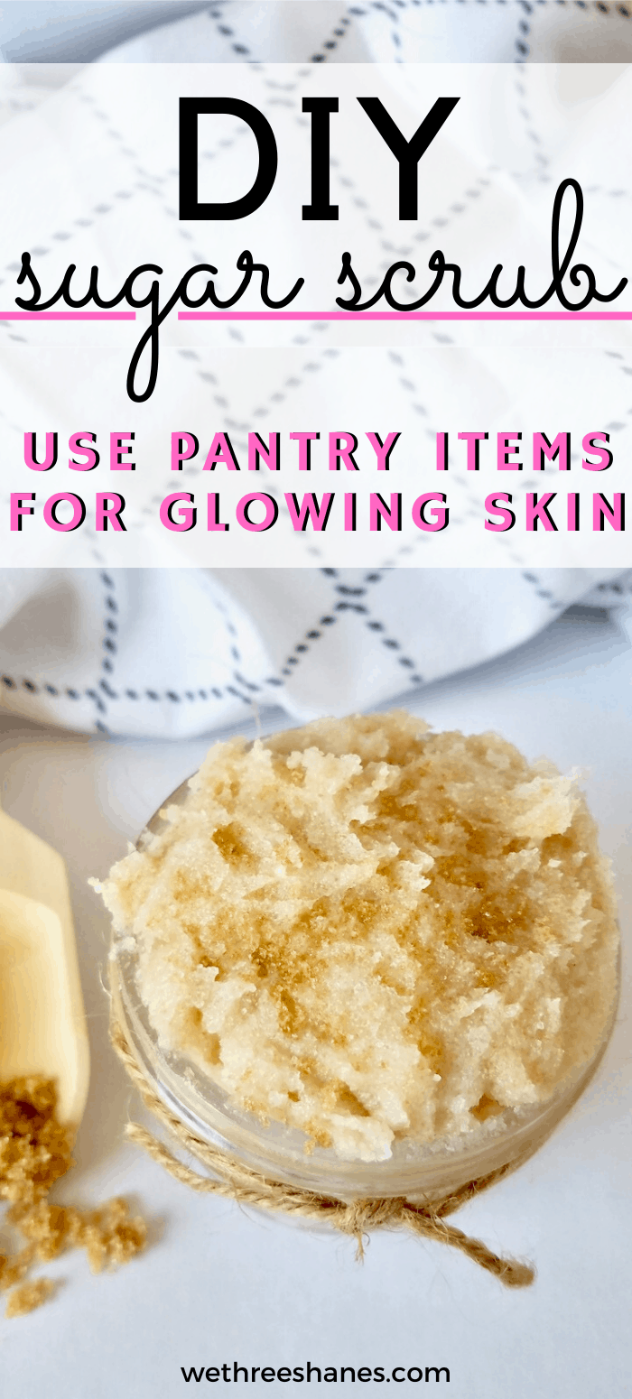 Easy DIY Sugar Scrub uses household ingredients to make a delicious smelling, super effective facial scrub. Your left with soft glowing skin for just pennies out of your pocket! | We Three Shanes