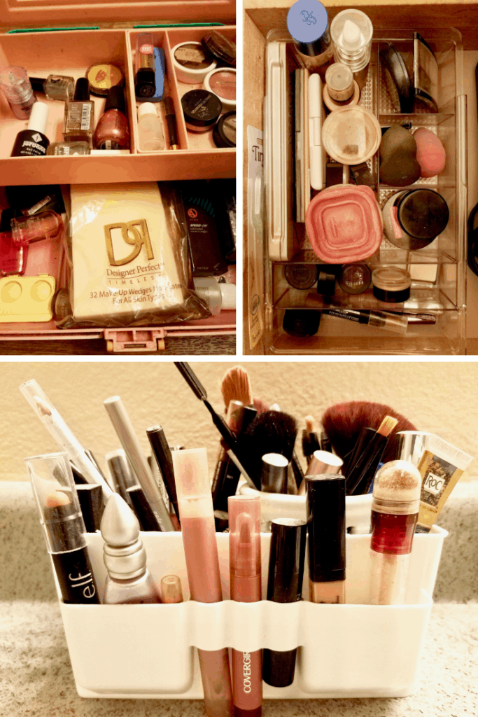 Learn how to downsize your makeup collection to just the essential with this easy to follow, step by step guide and helpful photos. Minimize makeup for better beauty routine.  | We Three Shanes