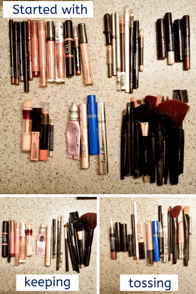 Learn how to downsize your makeup collection to just the essential with this easy to follow, step by step guide and helpful photos. Minimize makeup for better beauty routine.  | We Three Shanes