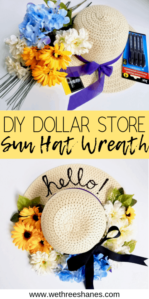 A wreath is an easy way to add character to your front porch. This inexpensive DIY Dollar Tree Sun Hat Wreath is perfect Spring and Summer door decor and sets the mood for happy thoughts before entering the home. Put a smile on visitor's faces by making your own today! | We Three Shanes