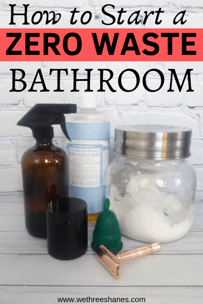 A Zero Waste Bathroom is easy when you know where to start. Check out this guide for easy swaps to produce less waste in your bathroom. #zerowaste #zerowastebathroom | We Three Shanes