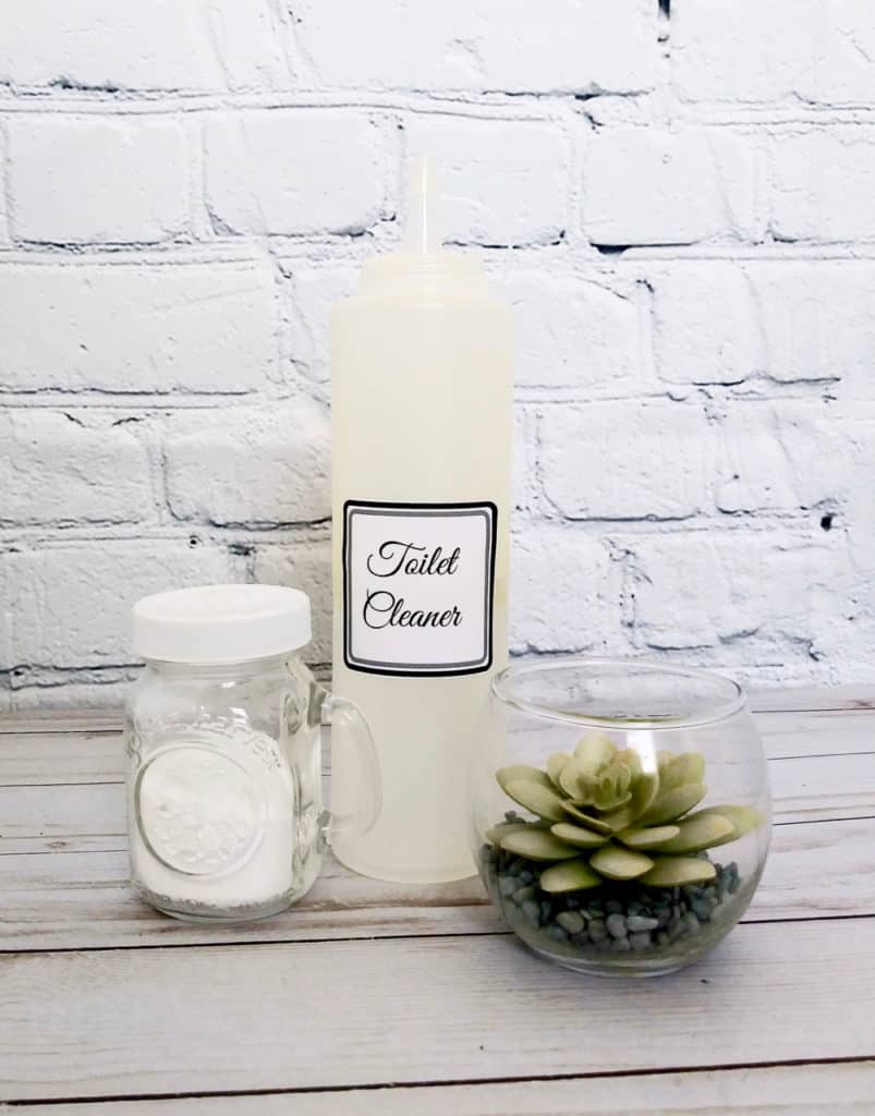 Make this all natural toilet bowl cleaner in a squirt bottle so you can get it up under the rim where it's needed most. Ditch the chemicals in favor of natural ingredients that disinfect and leave the toilet clean. | We Three Shanes