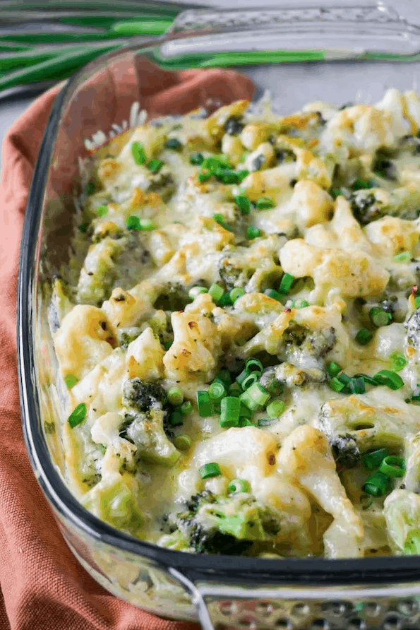 Creamy loaded keto cauliflower casserole is the ultimate keto side dish. Using frozen vegetables make it a quick recipe to get on the dinner table. | We Three Shanes