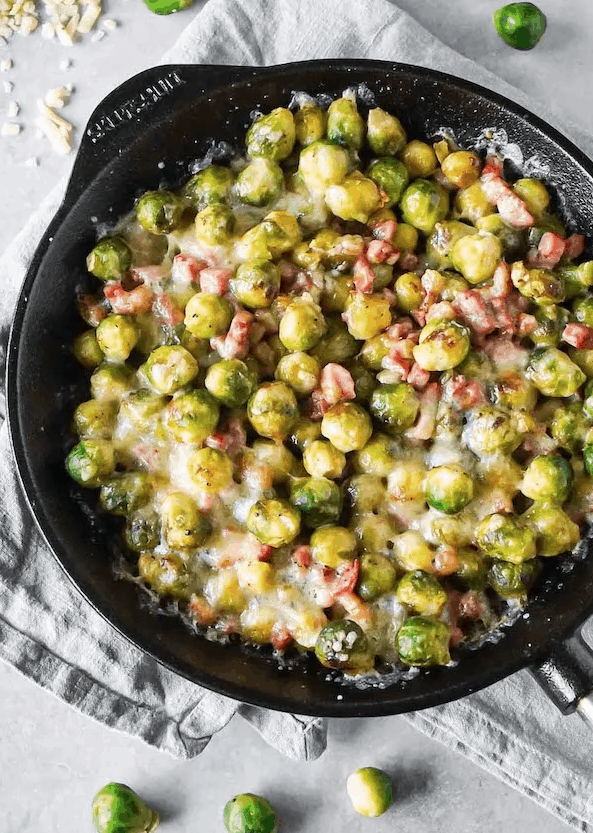 One-pan Cheesy Brussel Sprouts is a savory side dish that's easy to make. | We three Shanes