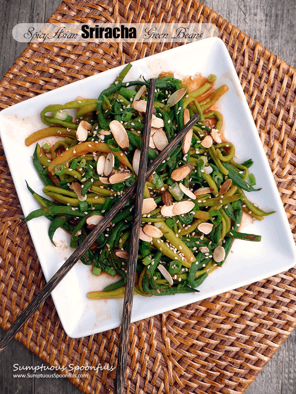 Spicy Asian Sriracha Green beans use frozen green beans to make a simple but flavorful side dish. | We Three Shanes