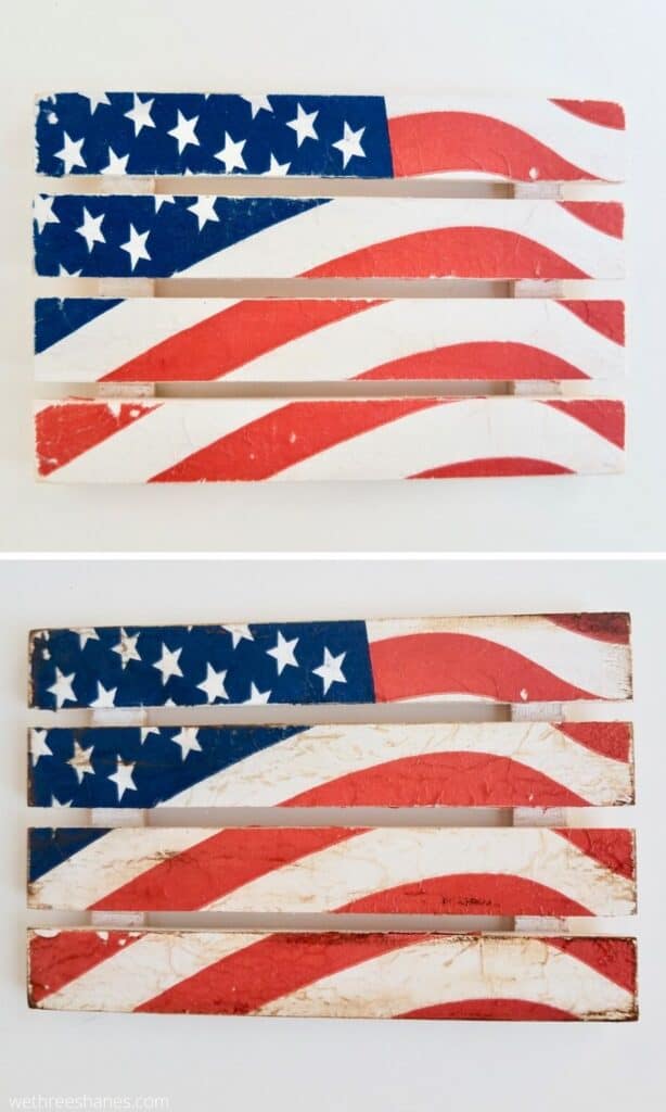 American Flag Pallet DIY using napkins and mod podge. All supplies found out the Dollar Store make this one adorable three dollar 4th of July craft. | We Three Shanes