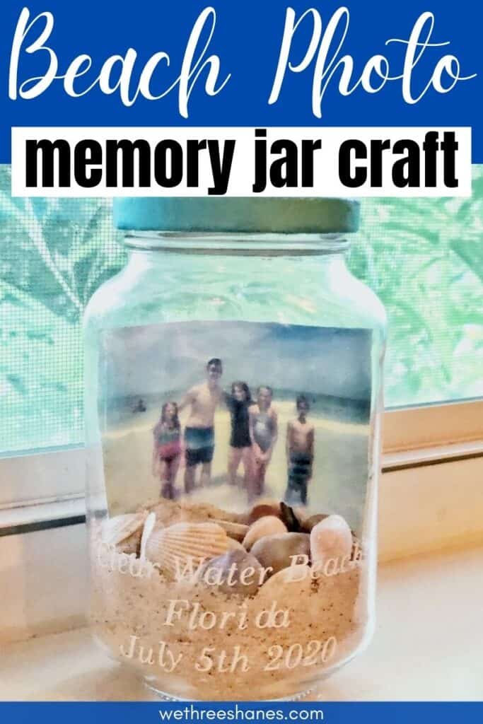 Create your own DIY Beach Memory Jar with sand, shells, and a favorite picture from your last beach trip and keep those fun summer memories alive! | We Three Shanes