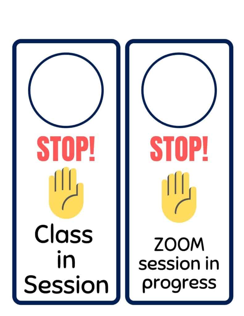 Keep family members from walking in on remote learning classes in progress by putting these cute door knob hanger signs on kid's bedroom doors. | We Three Shanes