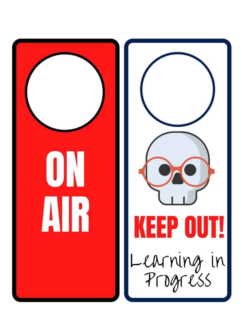 Keep family members from walking in on remote learning classes in progress by putting these cute door knob hanger signs on kid's bedroom doors. | We Three Shanes