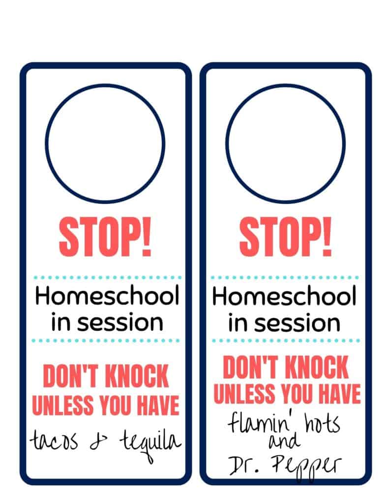 Grab these funny free printable signs and keep kids and people from knocking on your door while homeschool or remote learning are going on or at least get flamin' hots and Dr. Pepper out of it. 😁 | We Three Shanes