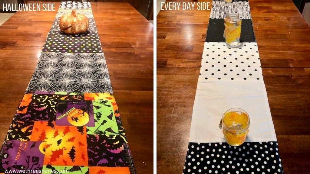 Add some holiday cheer to your dining room with a reversible table runner.  Easy sew project uses fat quarters for fun seasonal table decor. | We Three Shanes