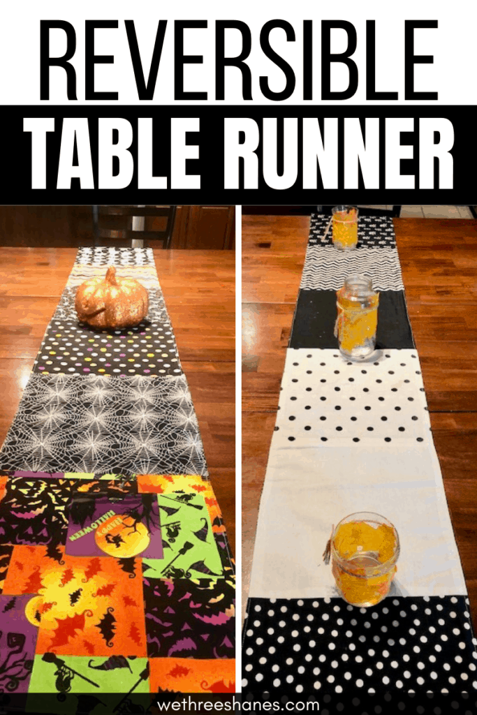 Add some holiday cheer to your dining room with a reversible table runner.  Easy sew project uses fat quarters for fun seasonal table decor.  | We Three Shanes