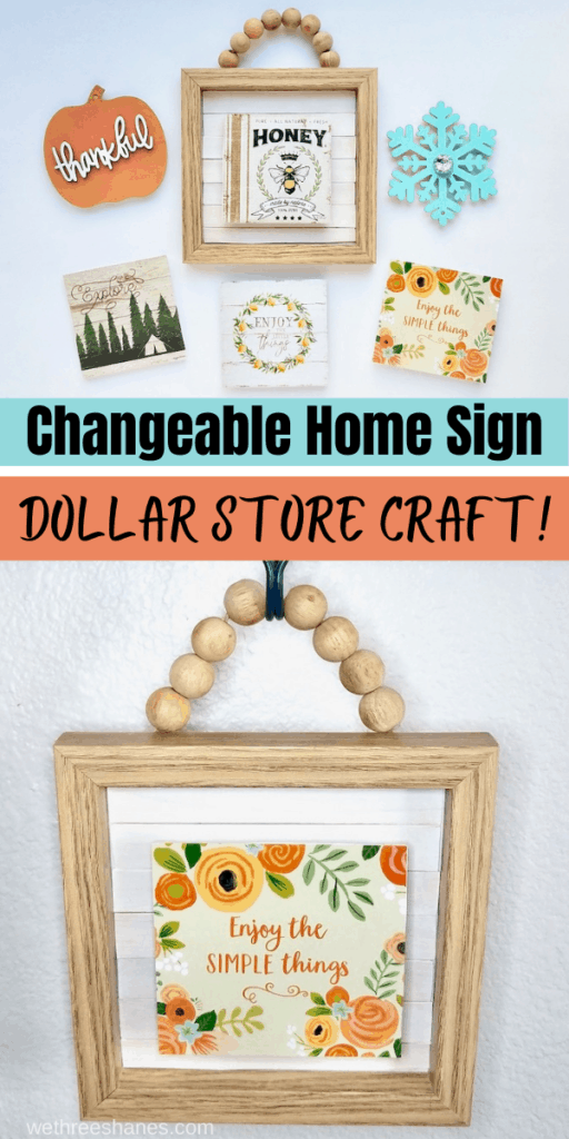 This DIY Wood Bead Sign uses Dollar Tree supplies to make adorable interchangeable home decor you can use for all the holidays. | We Three Shanes