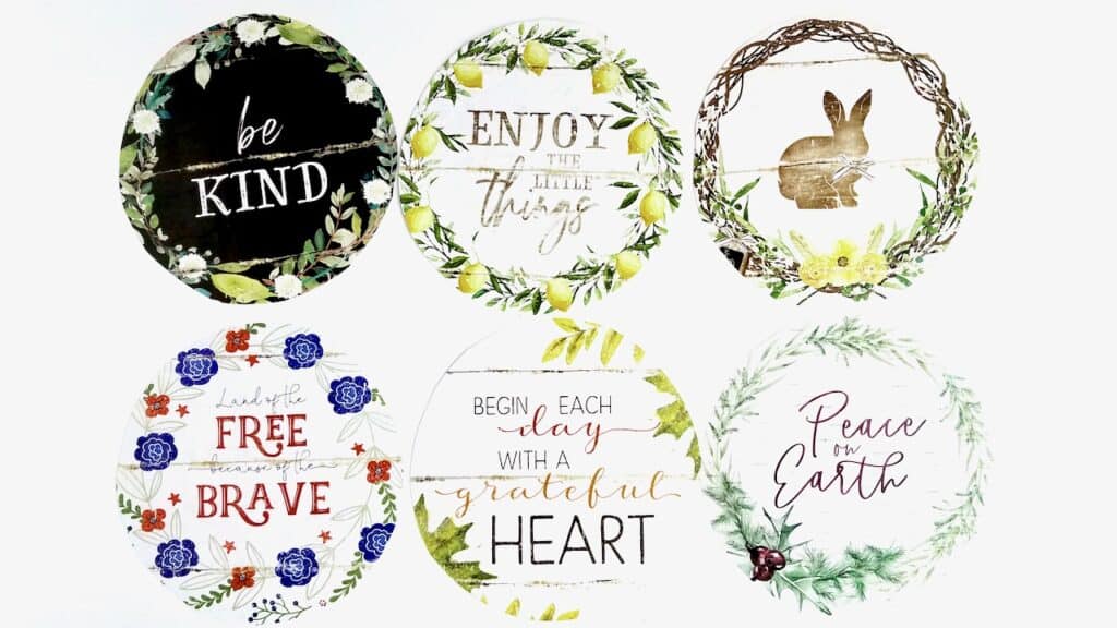 Be Kind, Enjoy the Little things, Bunny, Land of the Free Because of the Brave, Begin Each Day with a Thankful Heart, and Piece on Earth calendar pages cut to fit the middle of the charger plate.