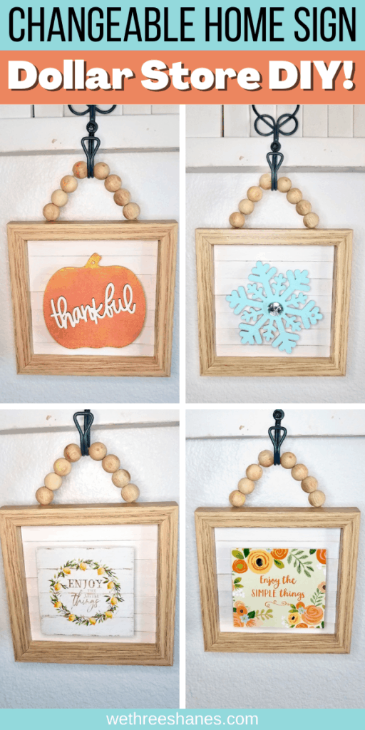 A wood bead sign and some cute calendars from the Dollar Tree are transformed into an interchangeable farmhouse sign you can use all year round. | We Three Shanes