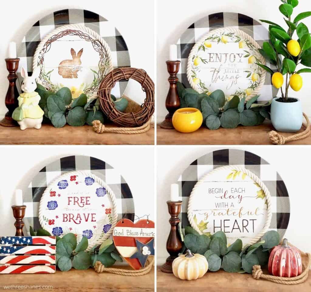 Turn a Dollar Tree Calendar and Buffalo Check Charger Plate into interchangeable kitchen decor. Only $4 to make this charming DIY Charger Plate Decor. | We Three Shanes