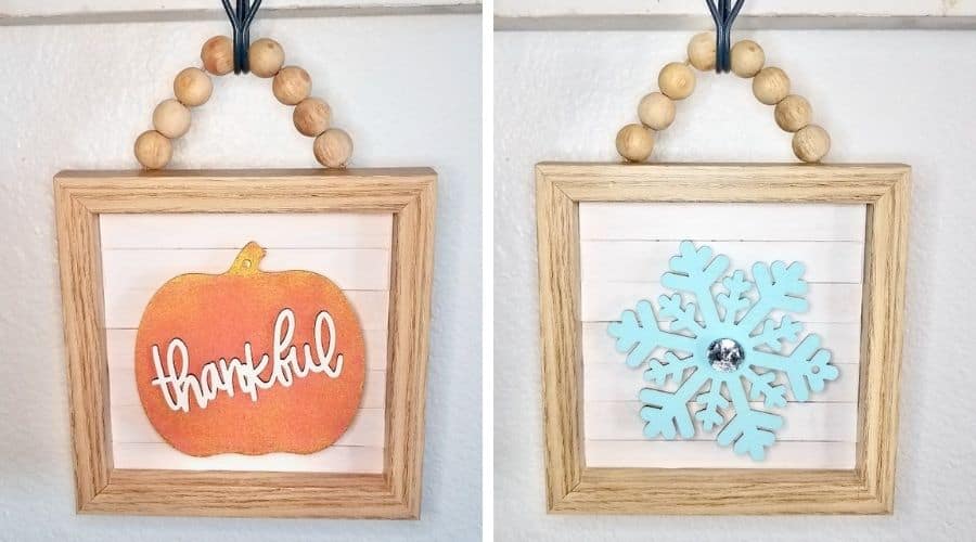 This DIY Wood Bead Sign uses Dollar Tree supplies to make adorable interchangeable home decor you can use for all the holidays. | We Three Shanes