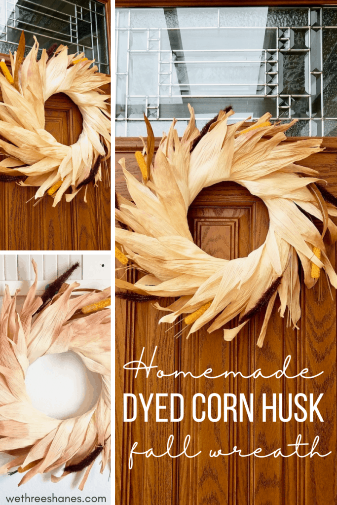 Learn how to make a colorful corn husk wreath with this easy to follow, step-by-step tutorial, with photos. A beautiful DIY wreath that will look great on your front door this fall season! | We Three Shanes