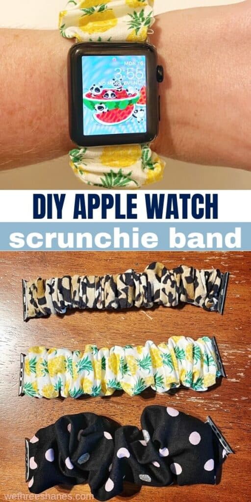 Learn how to make your own DIY Apple watch scrunchie band with this easy to follow tutorial. It's an easy-sew project and makes a great DIY gift! | We Three Shanes