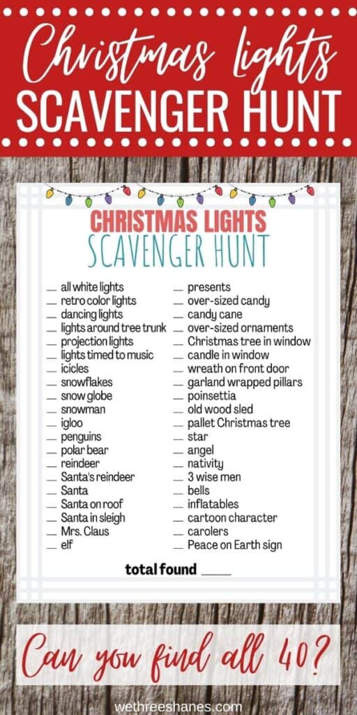 Plan on taking the family out to look at Christmas lights? Add a fun twist to the outing with these free Christmas Lights Scavenger Hunt and Bingo Printables. | We Three Shanes