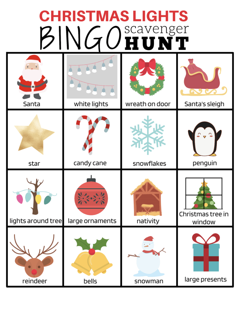 Grab this Christmas Lights Scavenger Hunt Bingo printable for FREE. It's fun for the whole family! | We Three Shanes