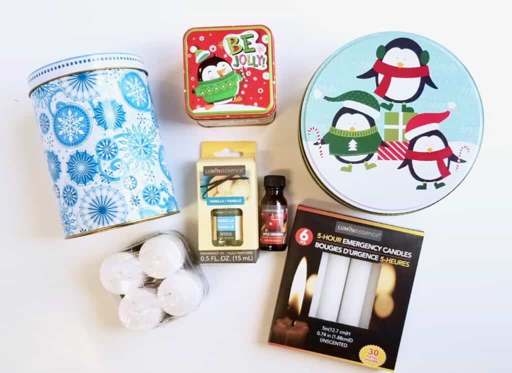Learn how to make Christmas Tin Candles using supplies from the Dollar Tree. They make a great addition to holiday decor or give them away for a fun DIY gift.