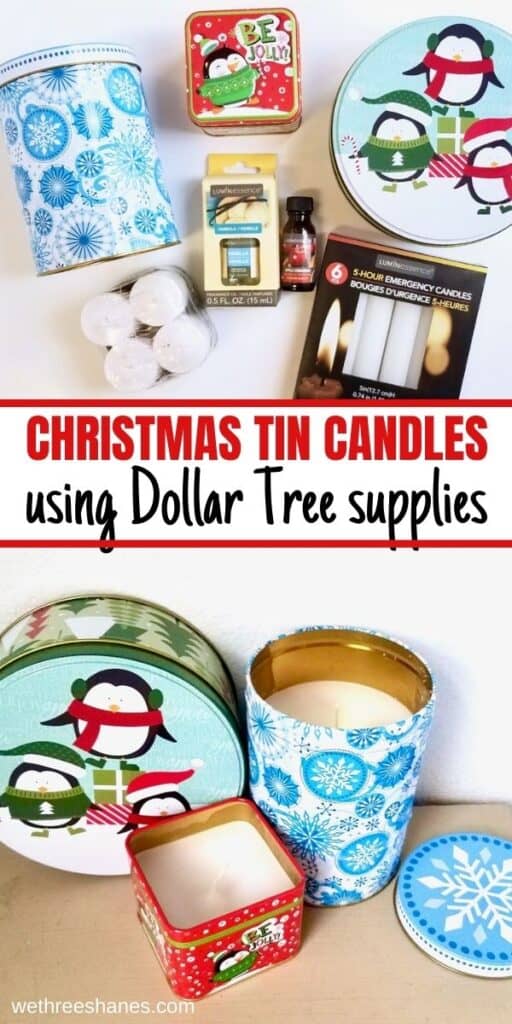 Learn how to make Christmas Tin Candles using supplies from the Dollar Tree. They make a great addition to holiday decor or give them away for a fun DIY gift. | We Three Shanes