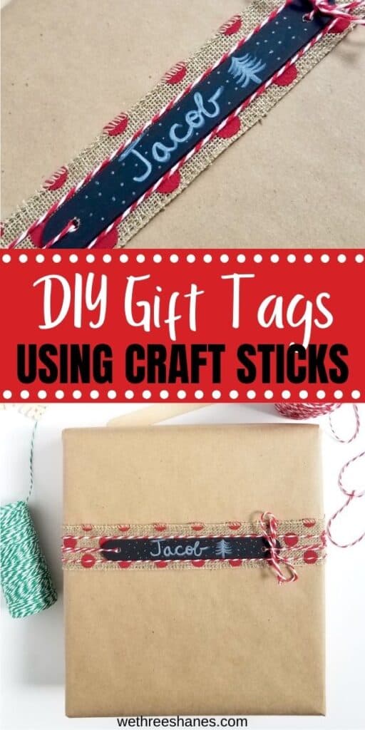 Make these reusable gift tags using craft sticks from the Dollar Tree. They are a simple yet fun way to add a personal touch when wrapping presents. | We Three Shanes