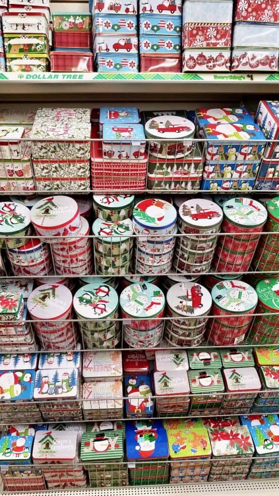 Rows and rows of Dollar Tree tins in tons of holiday styles.