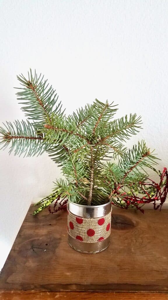 Tin can with burlap wrapped around and real pine clippings sticking out of the can.